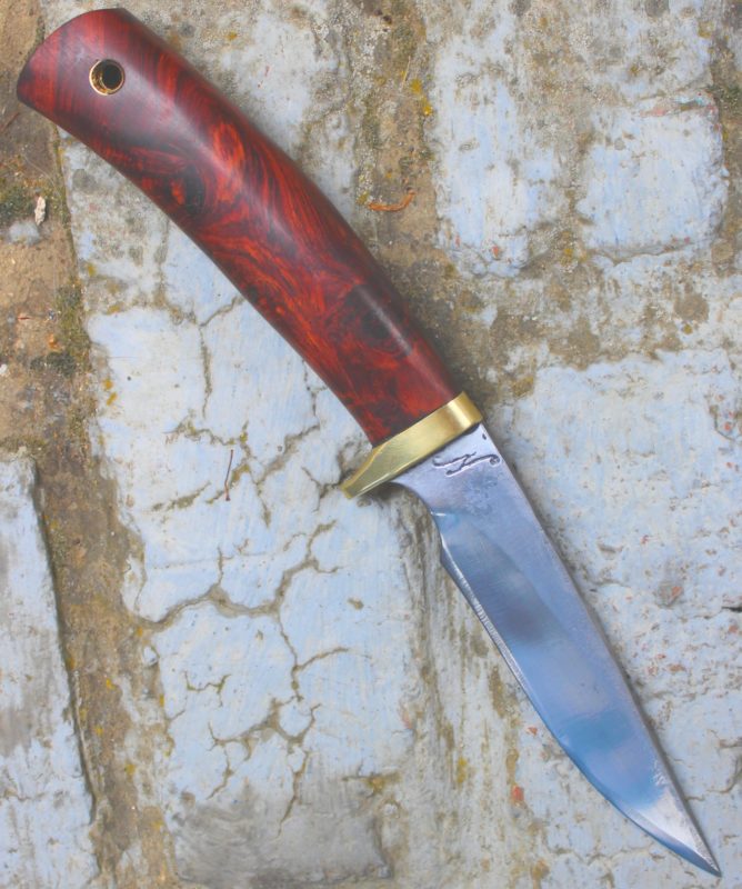 Skinner bowie Lame de 10.8 cm forgée XC 75 avec trempe sélective Plaquettes de loupe de thuya , garde en laiton manche en loupe de narra.